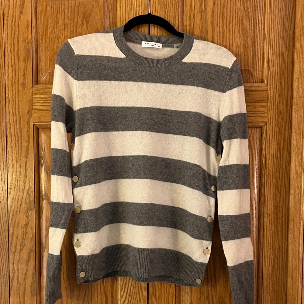 Equipment Gray and Cream Striped Cashmere Sweater